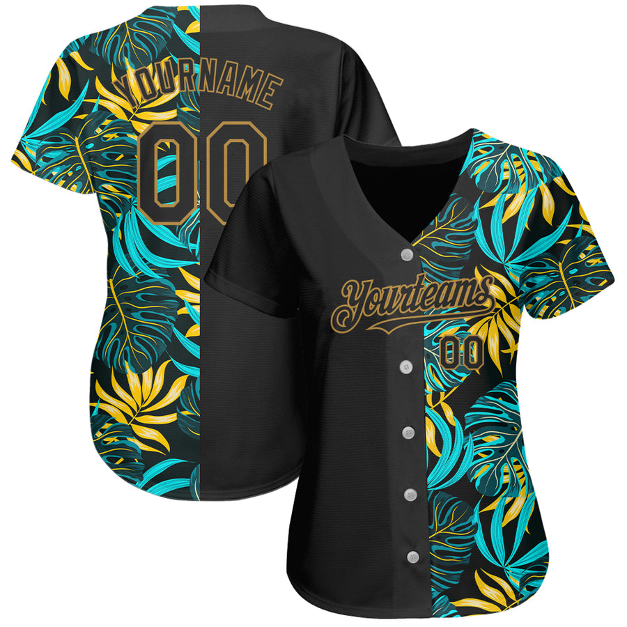 Custom Black Old Gold 3D Pattern Design Hawaii Tropical Palm Leaves Authentic Baseball Jersey
