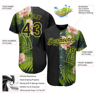Custom Black Neon Yellow 3D Pattern Design Hawaii Tropical Palm Leaves With Orchids Authentic Baseball Jersey