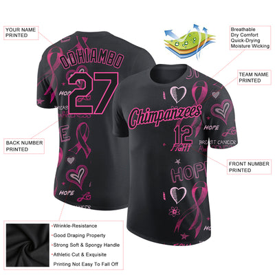 Custom Black Pink 3D Pattern Design Pink Ribbon Breast Cancer Awareness Month Women Health Care Support Performance T-Shirt