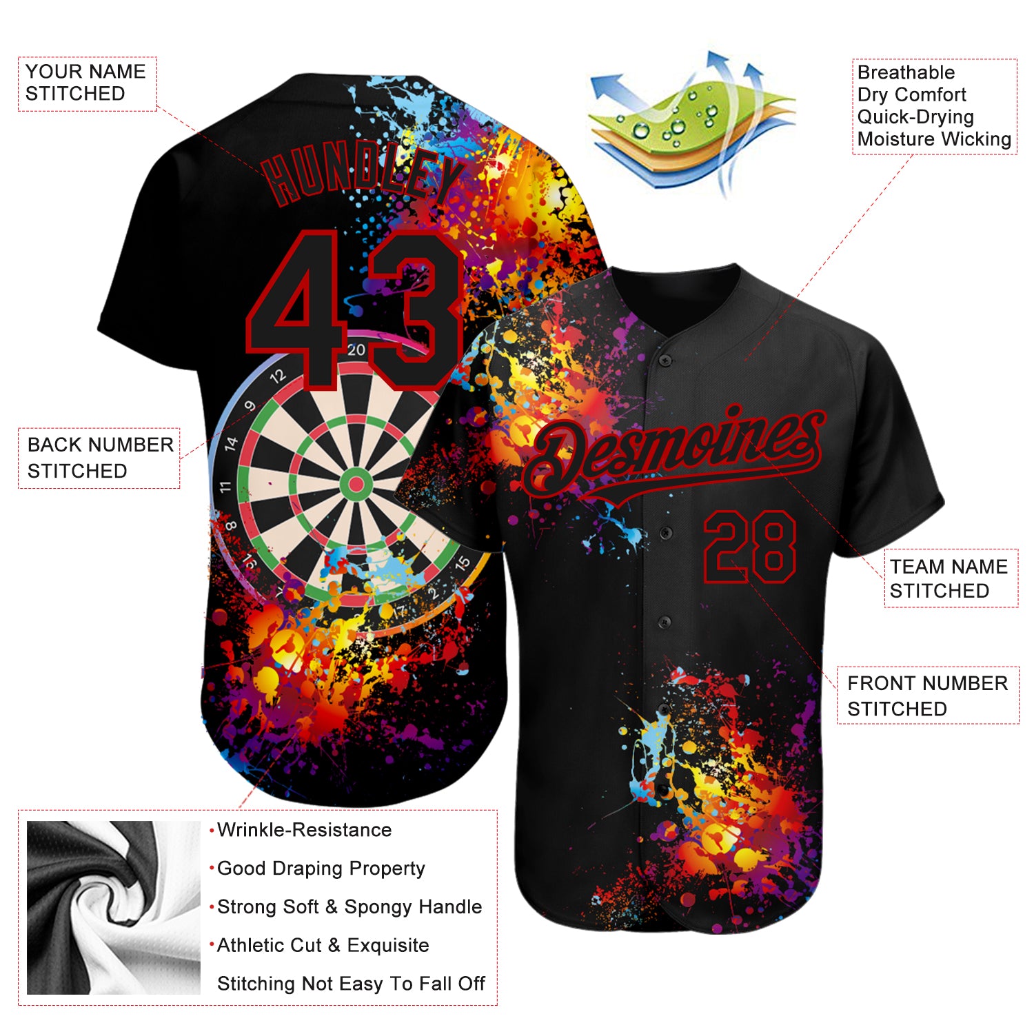 Custom Black Red 3D Pattern Design Dart Board Authentic Baseball Jersey