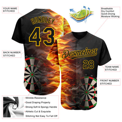 Custom Black Gold 3D Pattern Design Fiery Dart Board Authentic Baseball Jersey