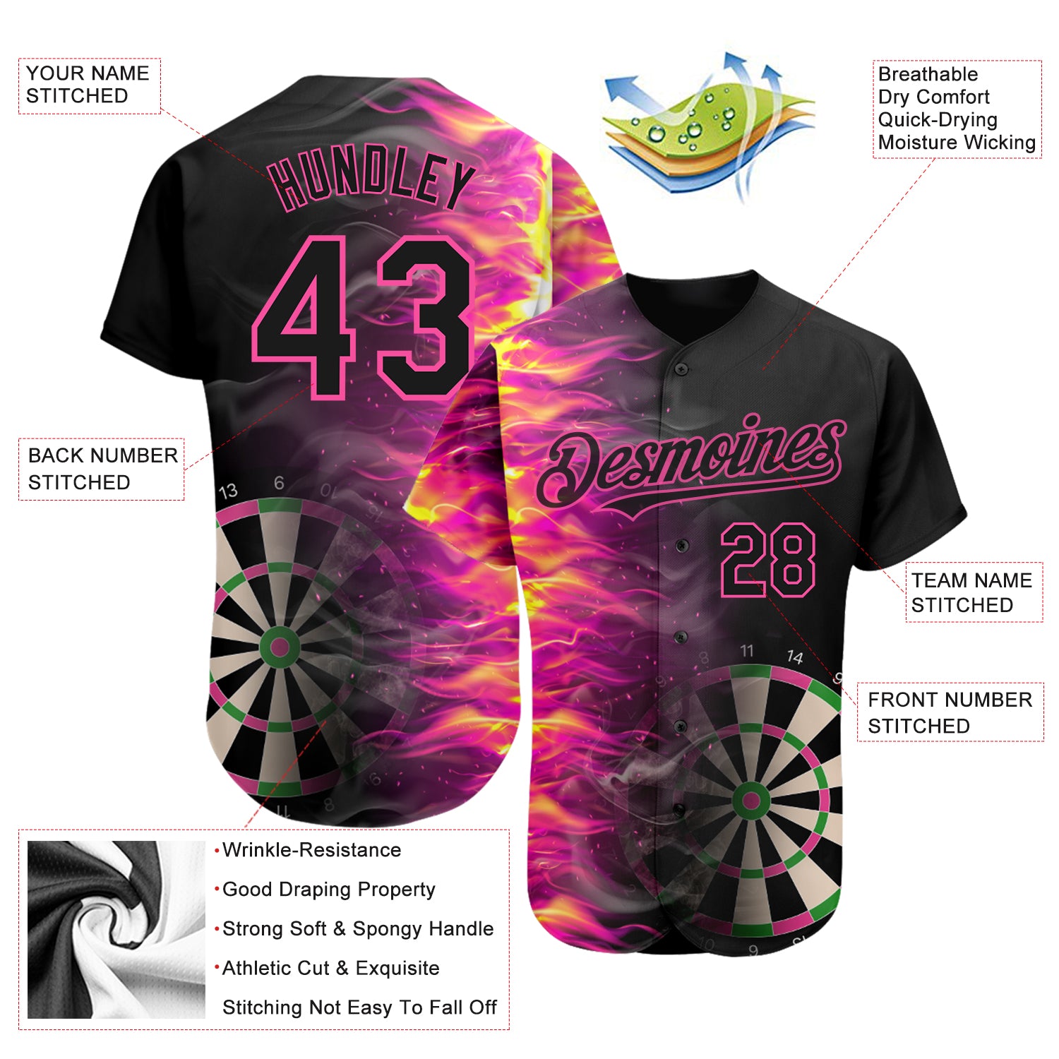 Custom Black Pink 3D Pattern Design Fiery Dart Board Authentic Baseball Jersey