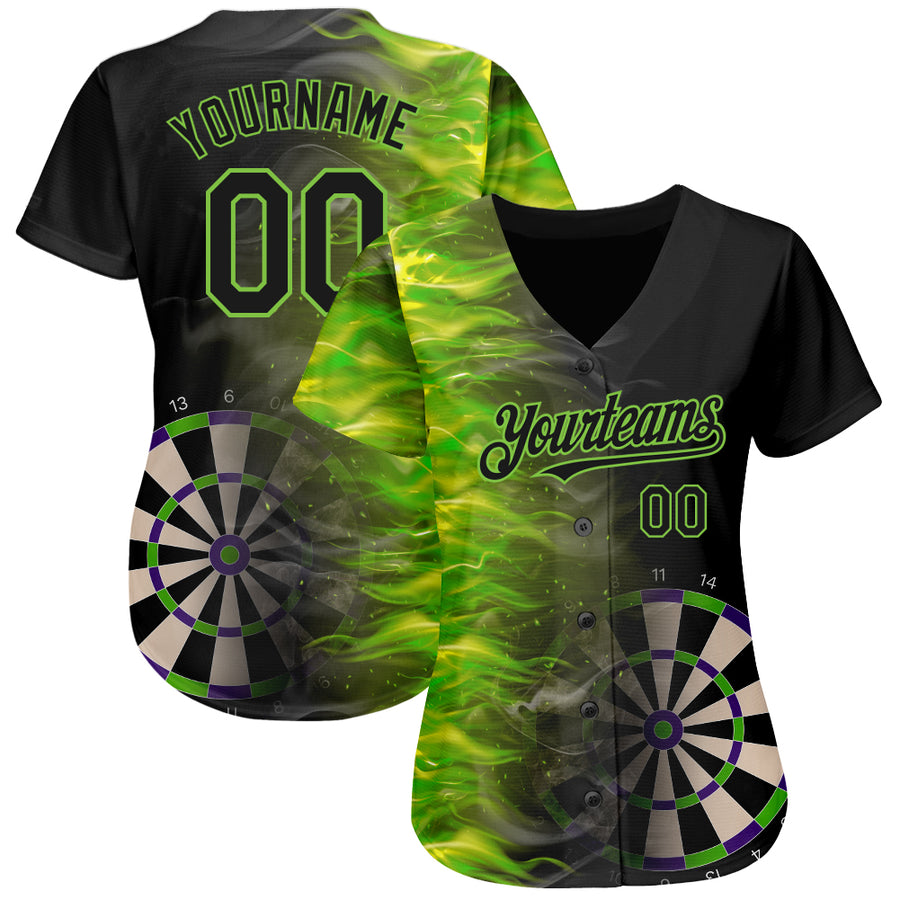 Custom Black Neon Green 3D Pattern Design Fiery Dart Board Authentic Baseball Jersey