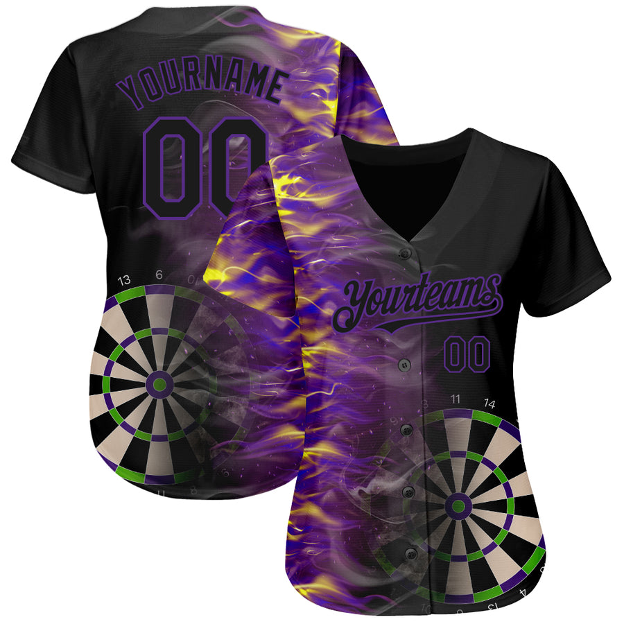 Custom Black Purple 3D Pattern Design Fiery Dart Board Authentic Baseball Jersey