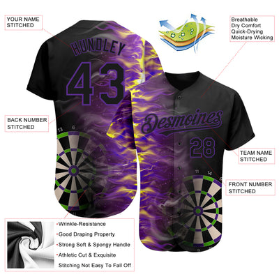 Custom Black Purple 3D Pattern Design Fiery Dart Board Authentic Baseball Jersey