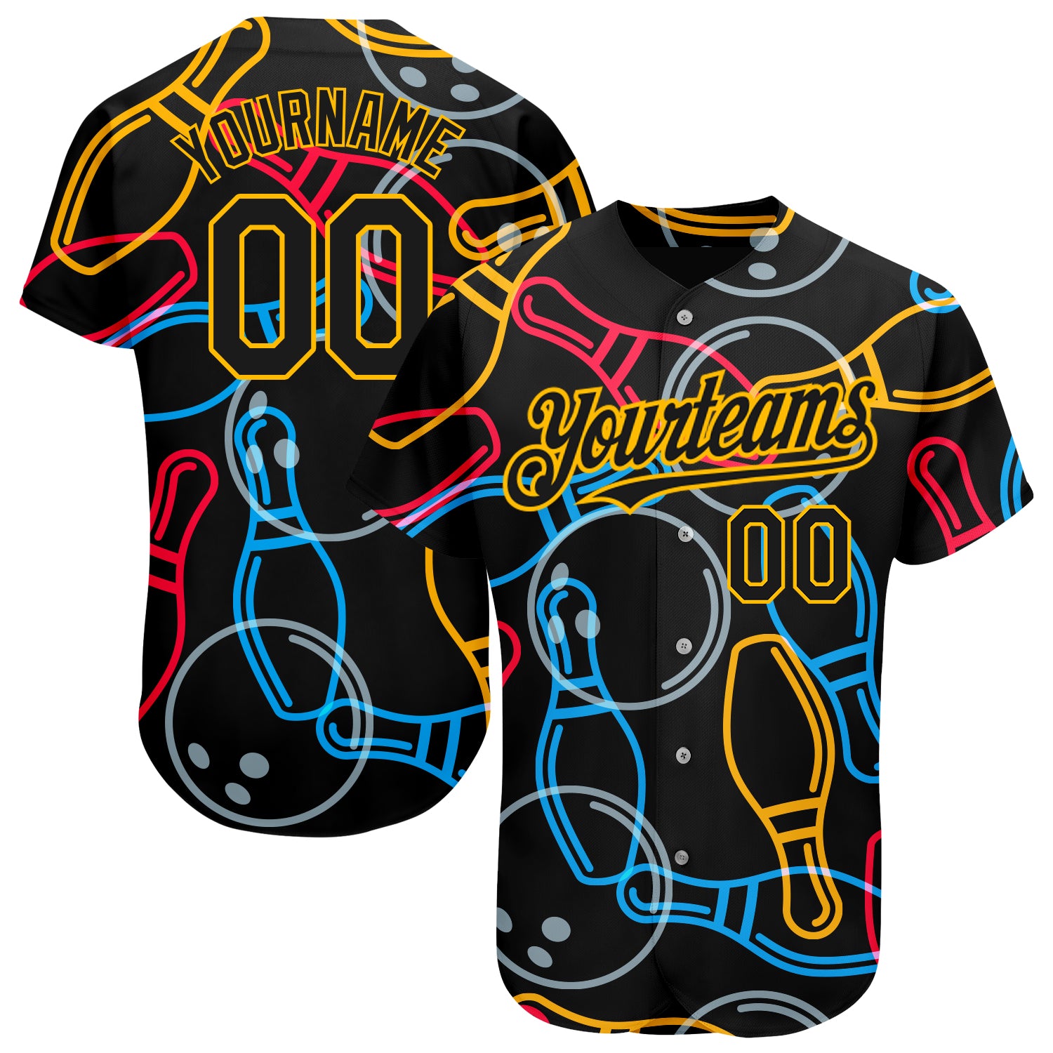 Custom Black Gold 3D Pattern Design Bowling Authentic Baseball Jersey