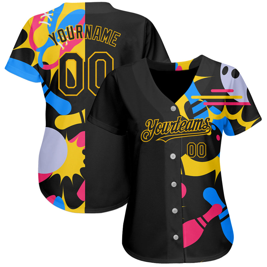Custom Black Yellow 3D Pattern Design Bowling Authentic Baseball Jersey