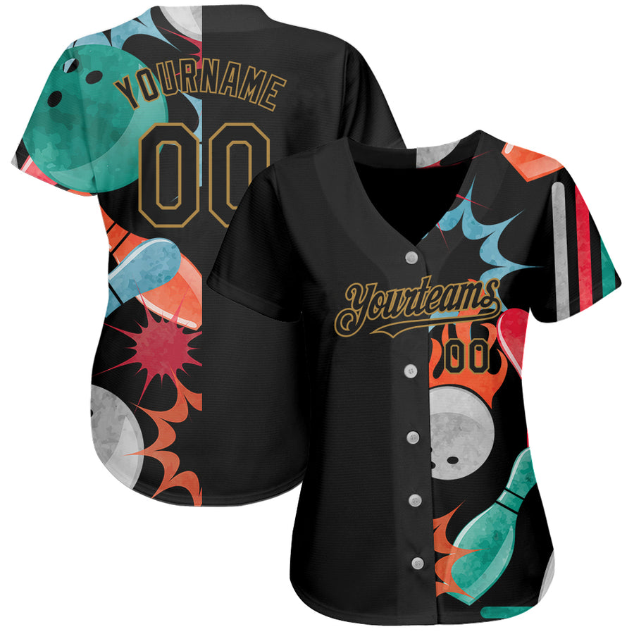 Custom Black Old Gold 3D Pattern Design Bowling Authentic Baseball Jersey