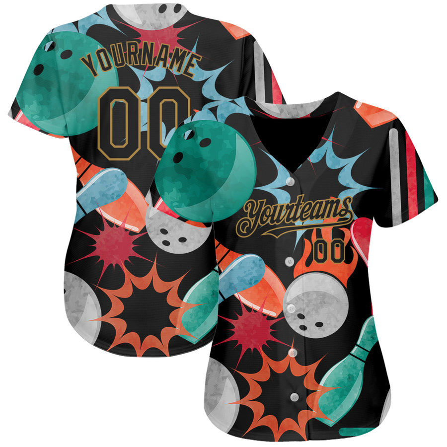 Custom Black Old Gold 3D Pattern Design Bowling Authentic Baseball Jersey