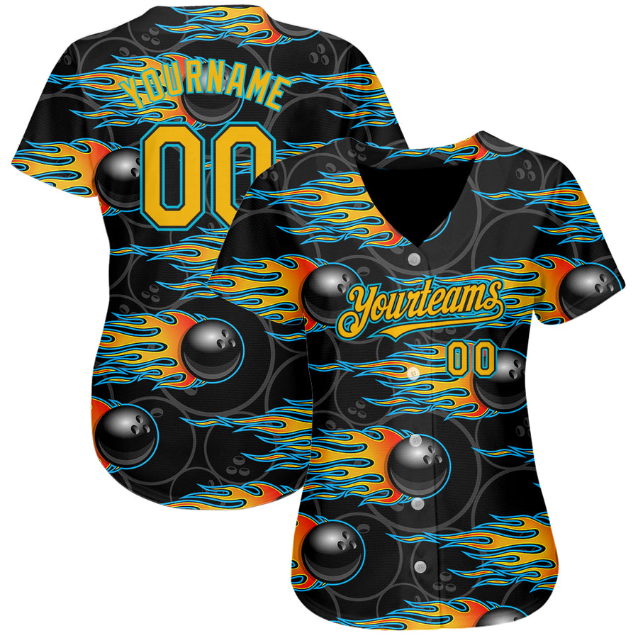 Custom Black Gold-Lakes Blue 3D Pattern Design Bowling Ball With Hotrod Flame Authentic Baseball Jersey