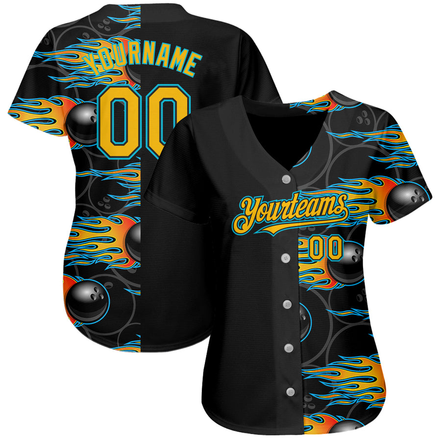 Custom Black Gold-Lakes Blue 3D Pattern Design Bowling Ball With Hotrod Flame Authentic Baseball Jersey Ball