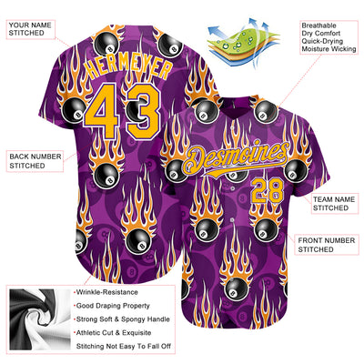 Custom Purple Gold-White 3D Pattern Design Billiards Snooker 8 Ball With Hotrod Flame Authentic Baseball Jersey