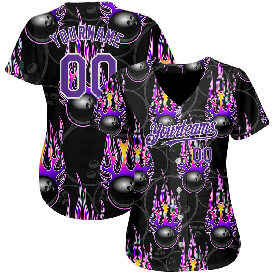 Custom Black Purple-White 3D Pattern Design Bowling Ball With Hotrod Flame Authentic Baseball Jersey