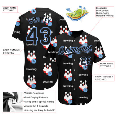 Custom Black Light Blue 3D Pattern Design Bowling Authentic Baseball Jersey