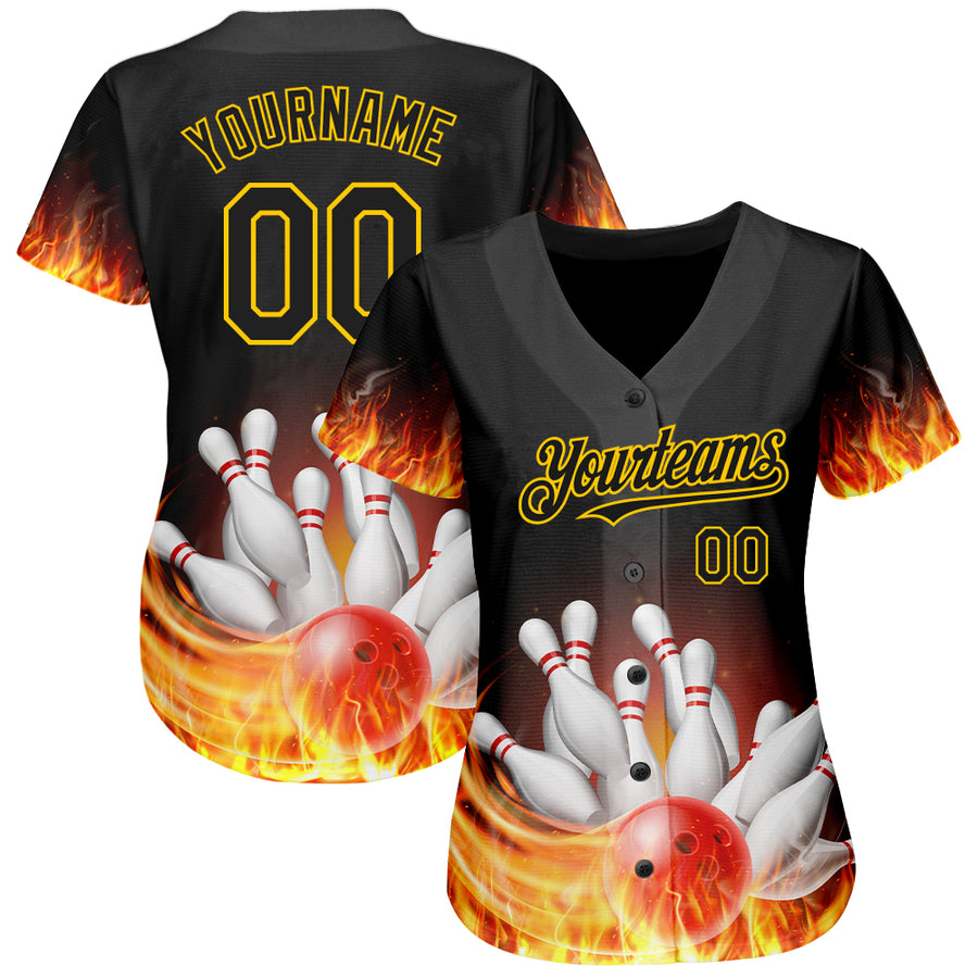 Custom Black Gold 3D Pattern Design Flame Bowling Authentic Baseball Jersey