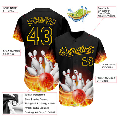 Custom Black Gold 3D Pattern Design Flame Bowling Authentic Baseball Jersey