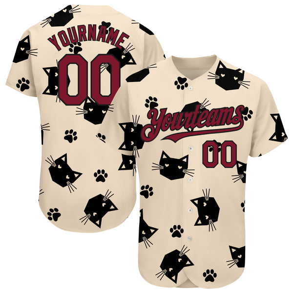 Custom 3D Pattern Baseball Jersey Cream Crimson-Black Design Cat Authentic  - FansIdea