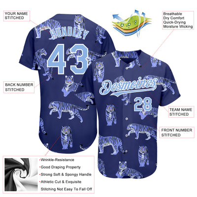 Custom Dark Purple Light Blue-White 3D Pattern Design Tiger Authentic Baseball Jersey