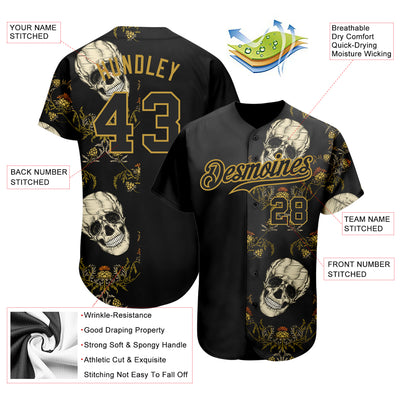 Custom Black Old Gold 3D Plant And Skull Fashion Authentic Baseball Jersey