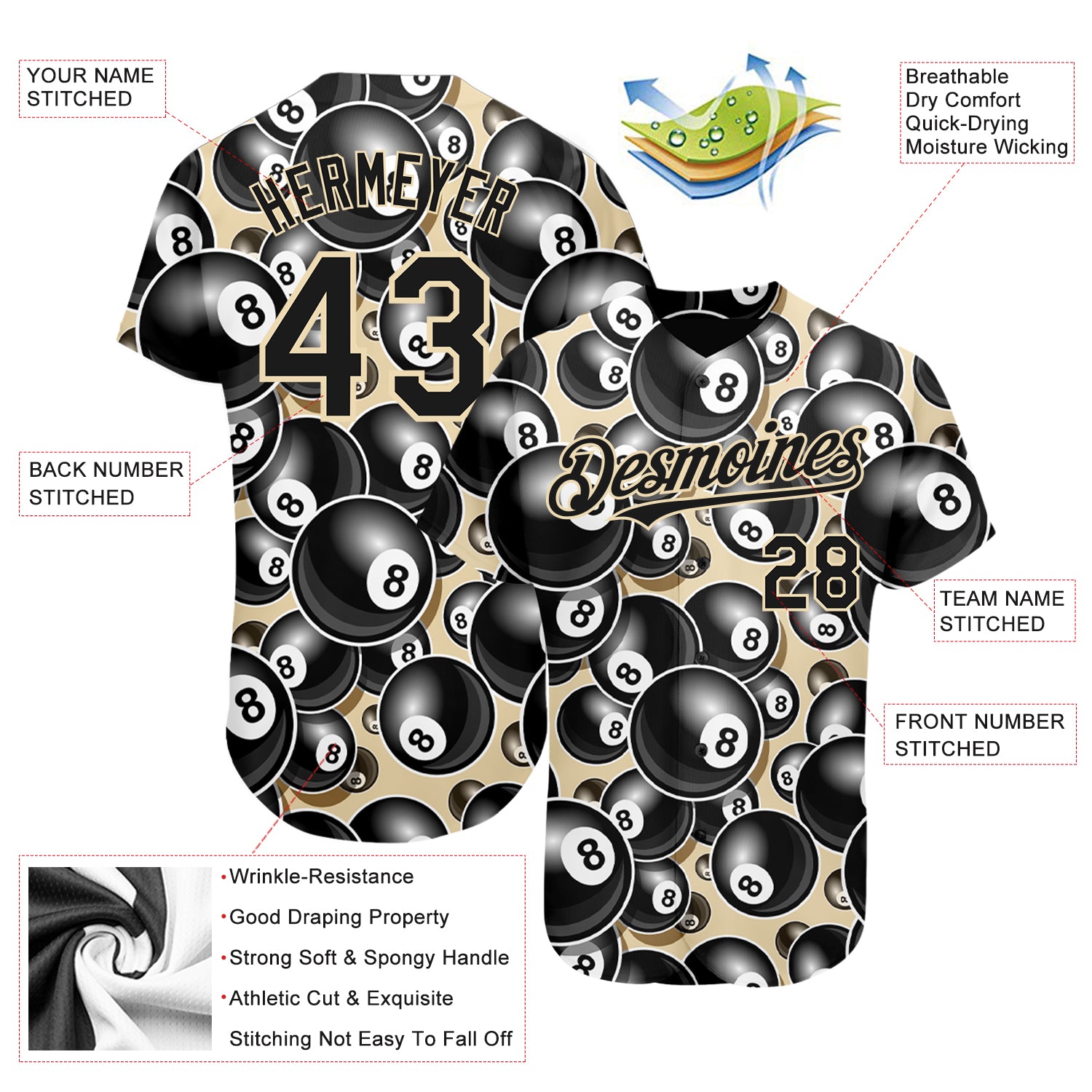 Custom City Cream Black 3D Pattern Design Billiards Snooker 8 Ball Authentic Baseball Jersey