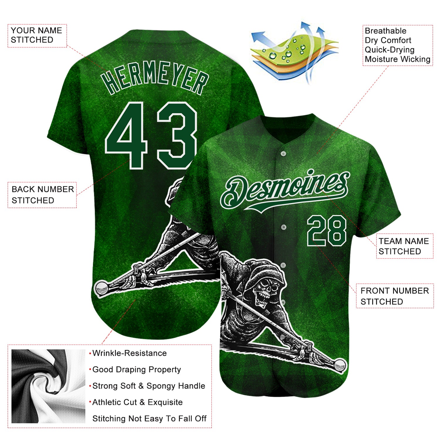 Custom Green White 3D Pattern Design A Skeleton Playing Billiards While Drinking A Beer Authentic Baseball Jersey