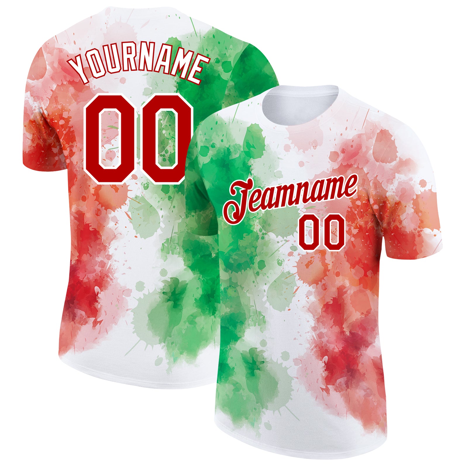 Custom White Performance T-Shirt Red-Kelly Green 3D Mexico Watercolored  Splashes Grunge Design - FansIdea