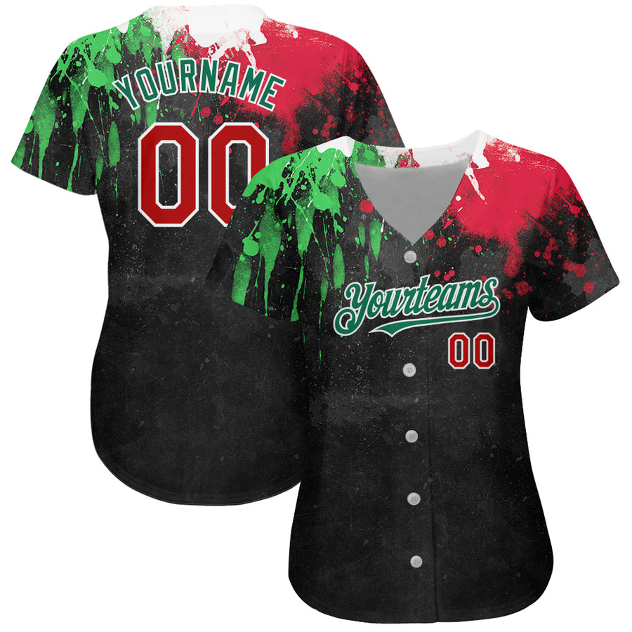 Custom Black Red Kelly Green 3D Mexican Flag Watercolored Splashes Grunge Design Authentic Baseball Jersey
