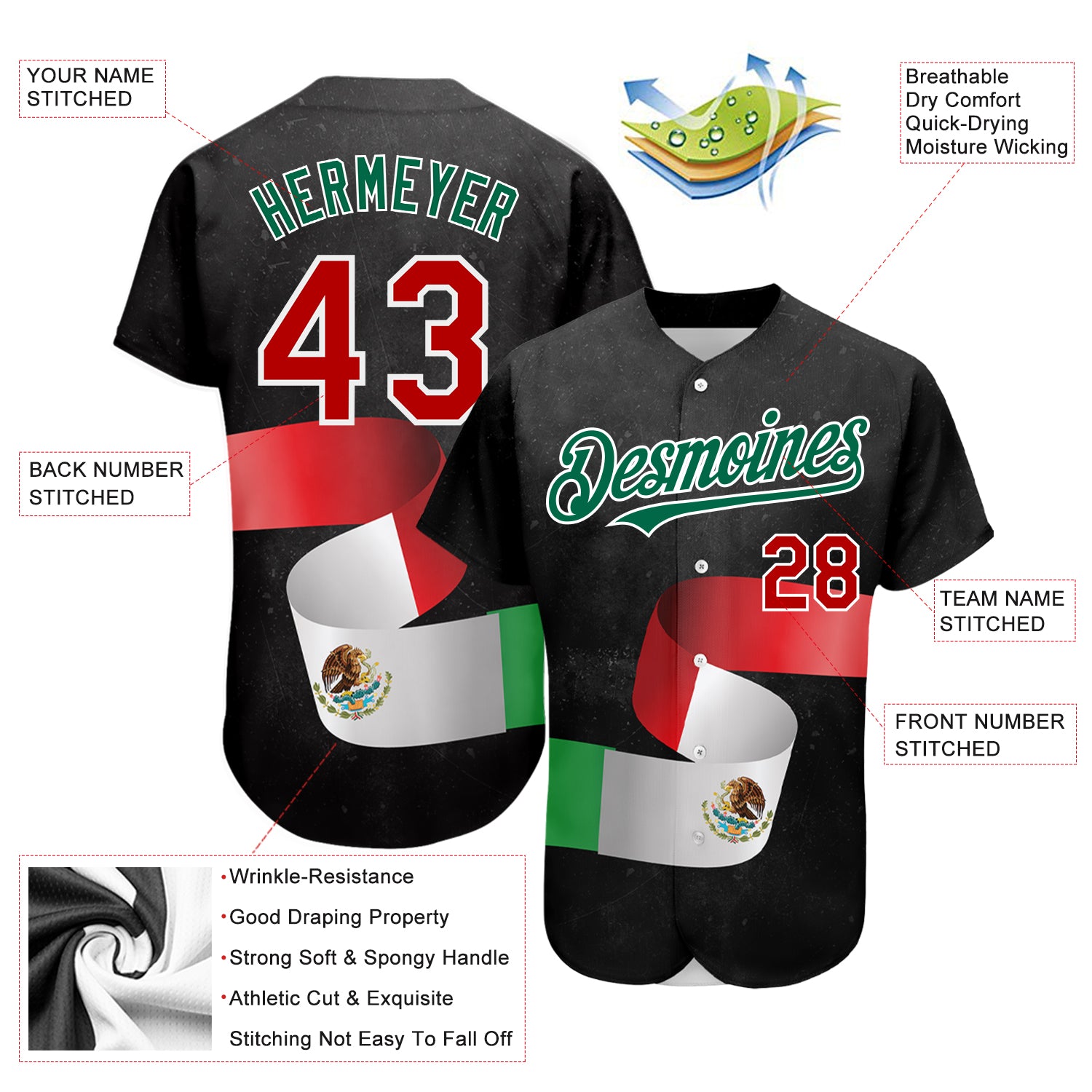 Custom Baseball Jersey Black Red Kelly Green 3D Mexican Flag Authentic Men's Size:L