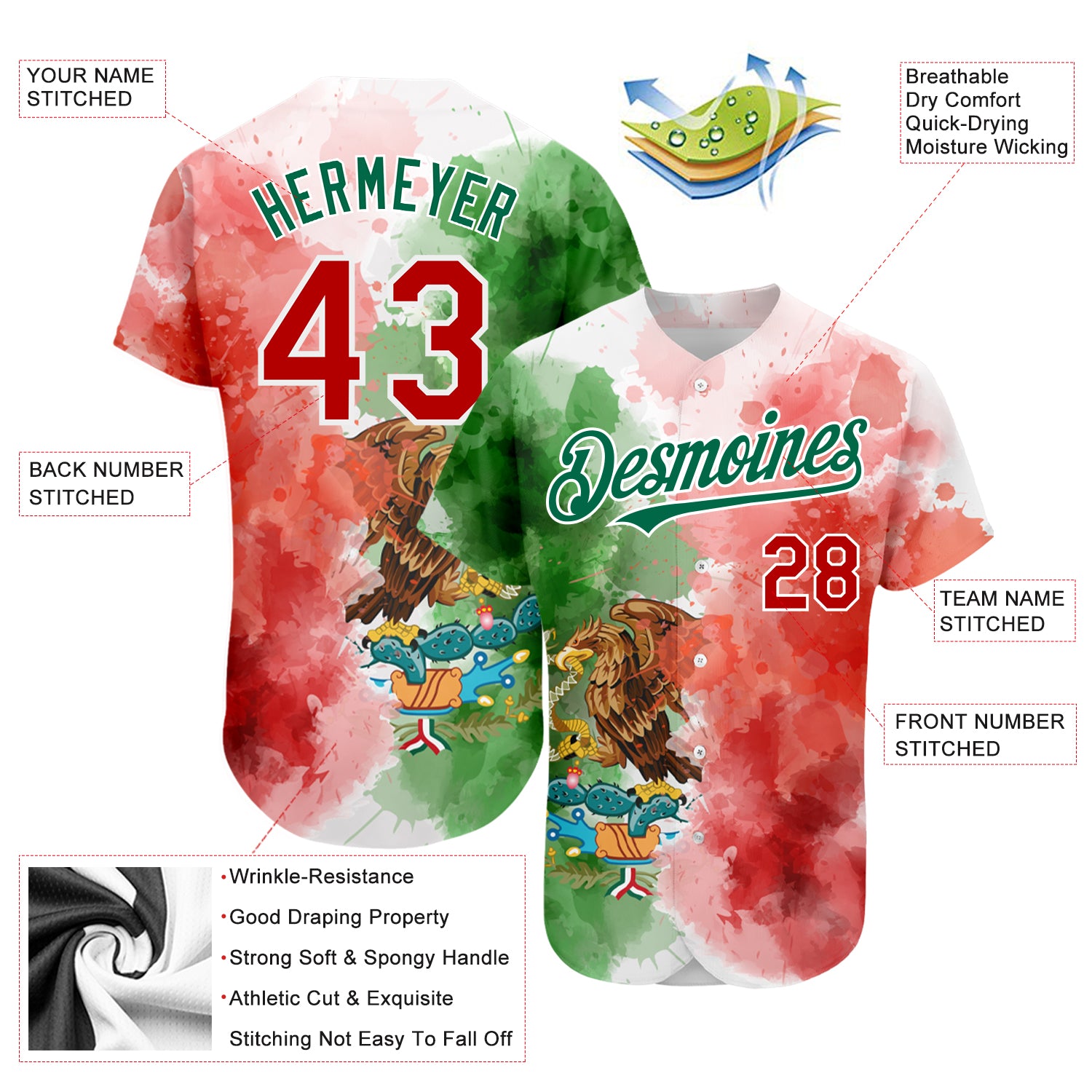 Custom Baseball Jersey Kelly Green Red-White 3D Mexican Flag Watercolored Splashes Grunge Design Authentic Women's Size:S