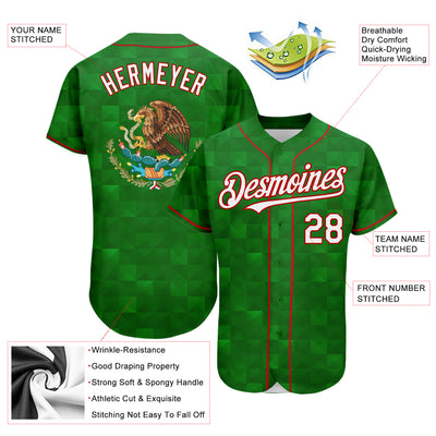 Custom Kelly Green White-Red 3D Mexico Authentic Baseball Jersey