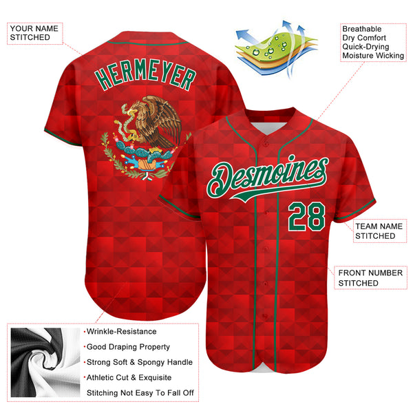 Custom Baseball Jersey Red Kelly Green-White 3D Mexico Authentic Men's Size:2XL