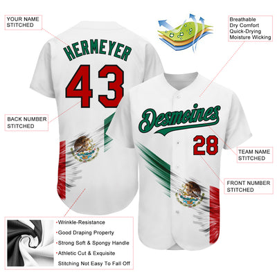 Custom White Red Kelly Green-Black 3D The Abstract Wing With Mexican Flag Authentic Baseball Jersey