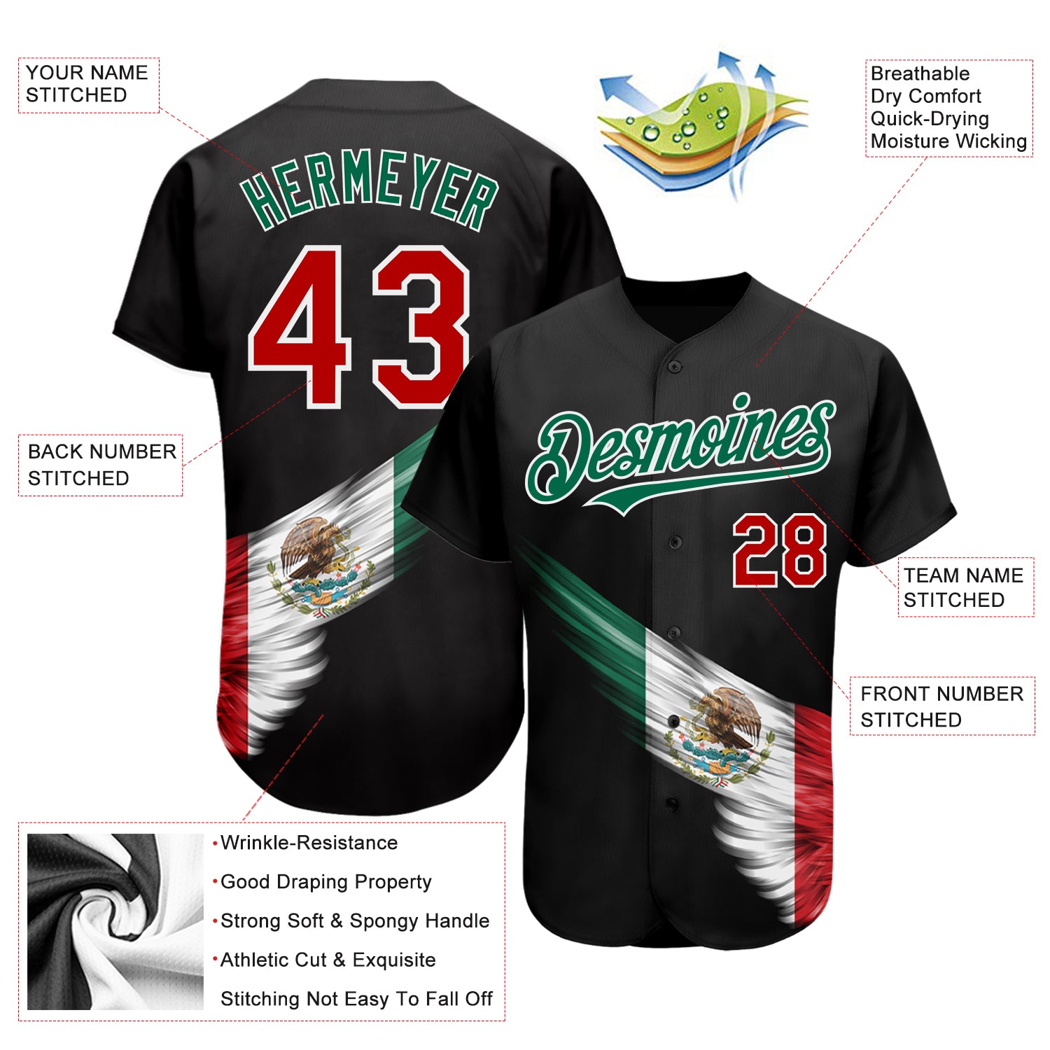 Custom Baseball Jersey Black Red-Kelly Green 3D The Abstract Wing with Mexican Flag Authentic Youth Size:M
