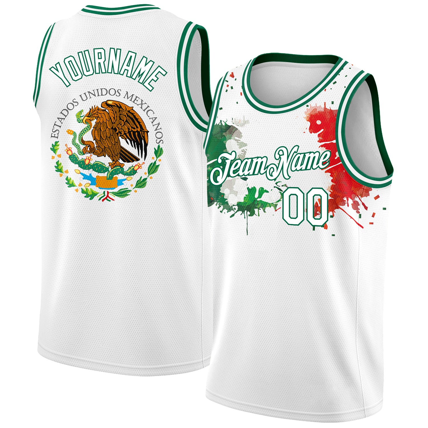 Custom White Basketball Jersey Kelly Green-Red 3D Mexico Splashes Authentic  - FansIdea