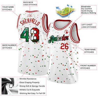 Custom White Mexican Flag Red-Kelly Green-Black 3D Authentic Basketball Jersey