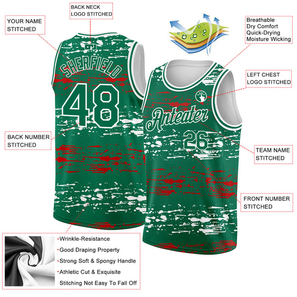 FANSIDEA Custom Basketball Jersey White Kelly Green-Red 3D Mexico Authentic Men's Size:M