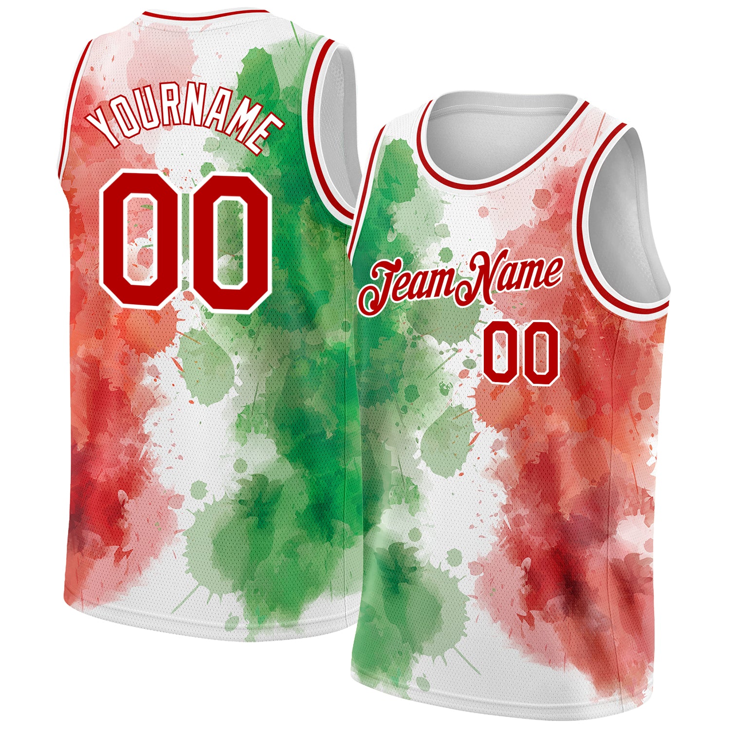 FANSIDEA Custom Basketball Jersey Kelly Green Red-White 3D Mexico Watercolored Splashes Grunge Design Authentic Men's Size:L
