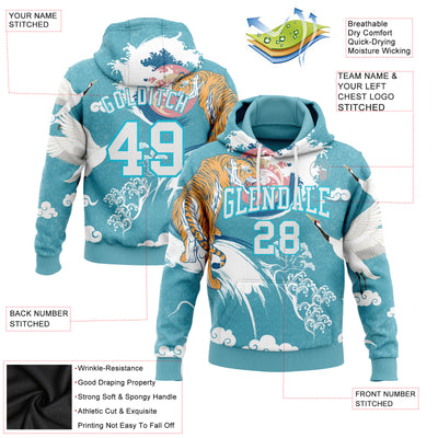 Custom Stitched Lakes Blue White 3D Pattern Design Crane And Tiger Sports Pullover Sweatshirt Hoodie