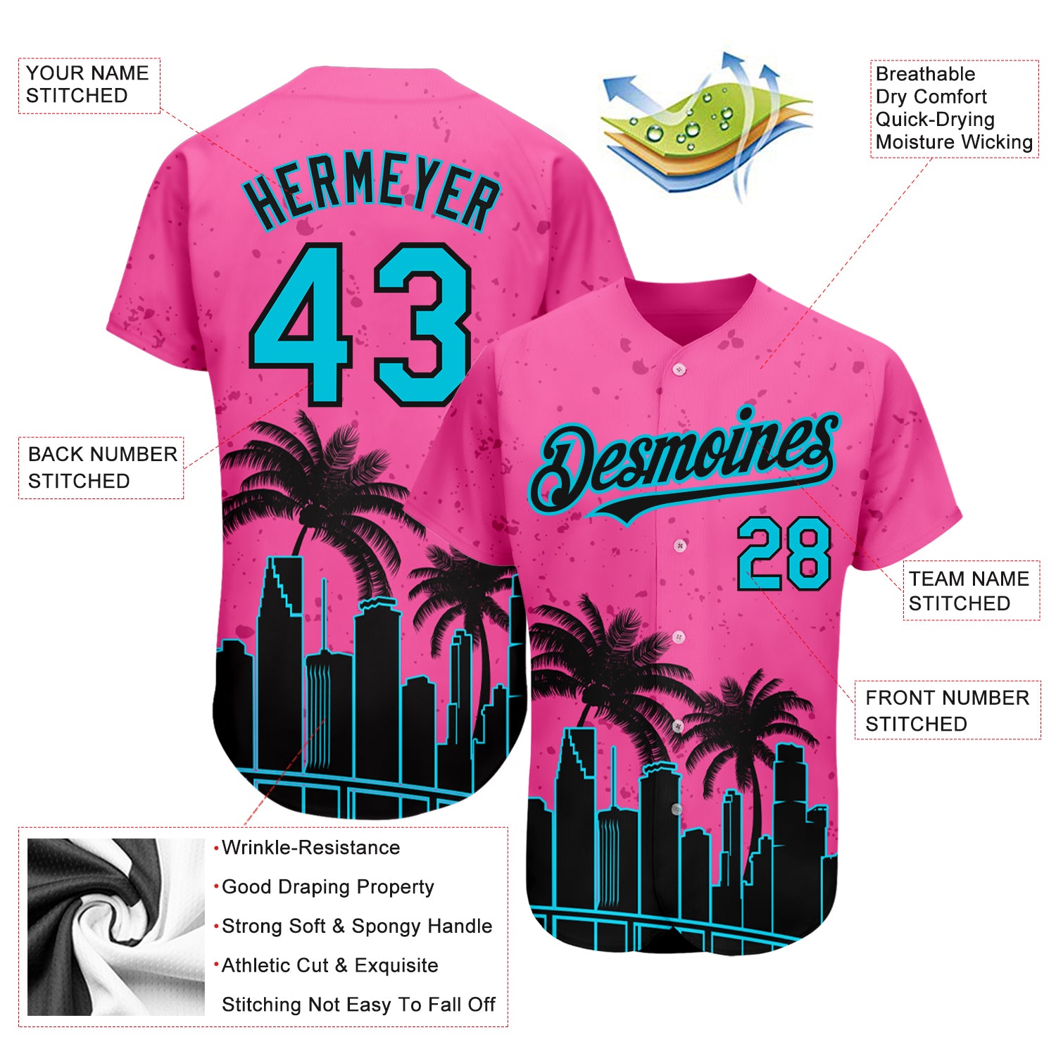 Custom Baseball Jersey Pink Lakes Blue-Black 3D Miami Palm Trees City Edition Authentic Men's Size:L
