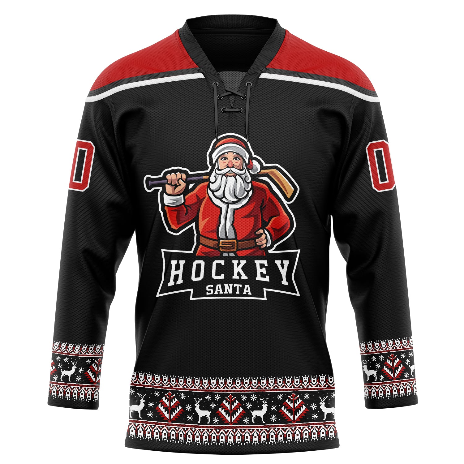 Custom Black Red-White Christmas Santa Claus 3D Hockey Lace Neck Jersey