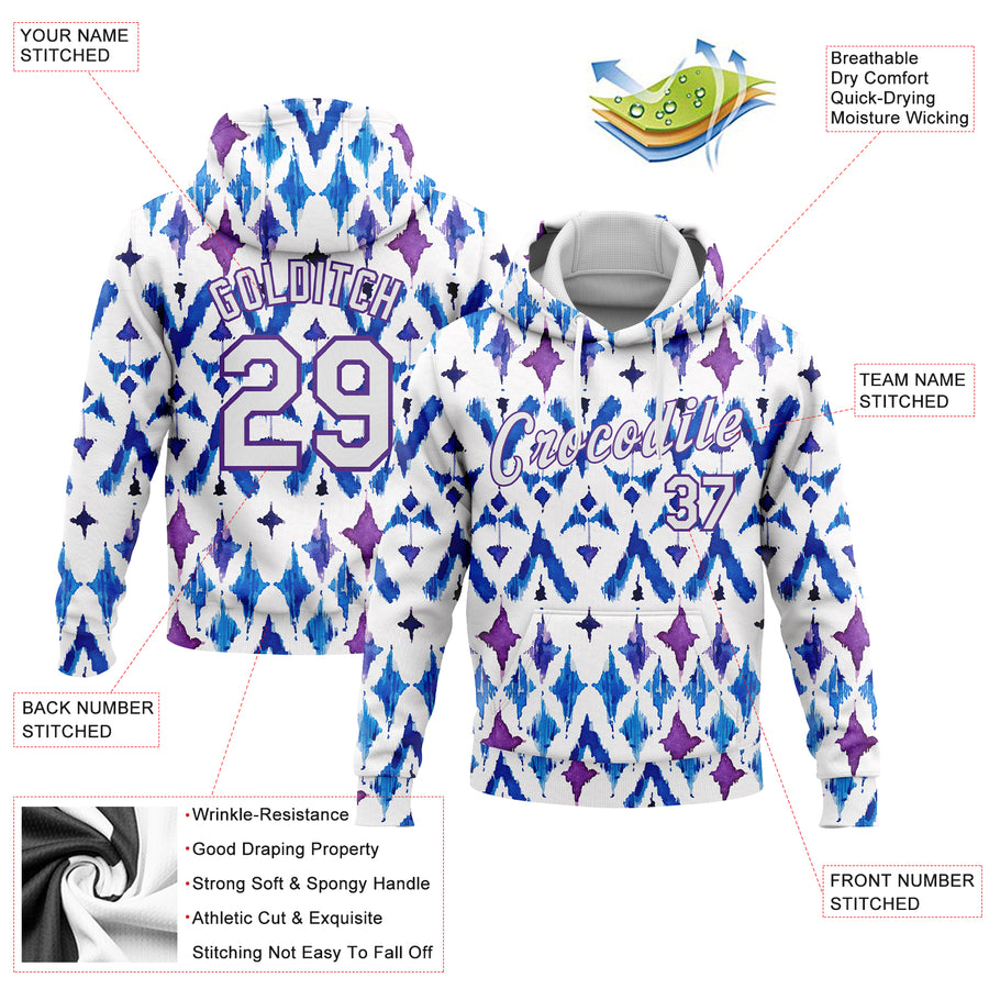 Custom Stitched Tie Dye White-Purple 3D Abstract Watercolor Sports Pullover Sweatshirt Hoodie