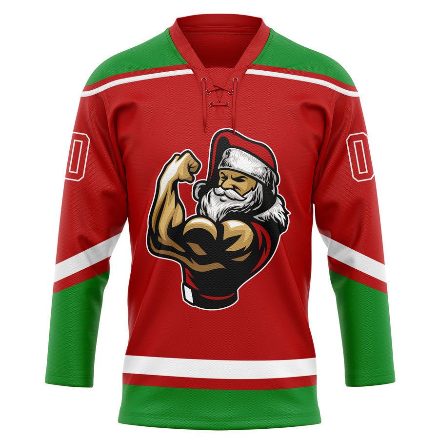 Custom Red Grass Green-White Christmas Santa Claus 3D Hockey Lace Neck Jersey