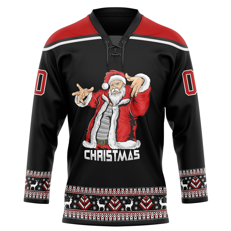 Custom Black Red-White Christmas Santa Claus 3D Hockey Lace Neck Jersey