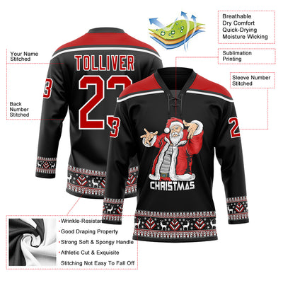 Custom Black Red-White Christmas Santa Claus 3D Hockey Lace Neck Jersey
