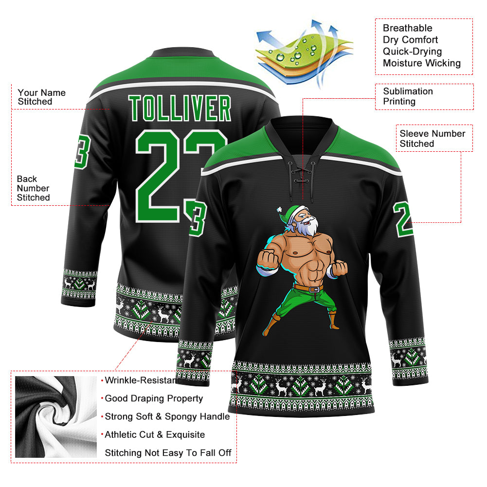 Custom Black Grass Green-White Christmas Santa Claus 3D Hockey Lace Neck Jersey