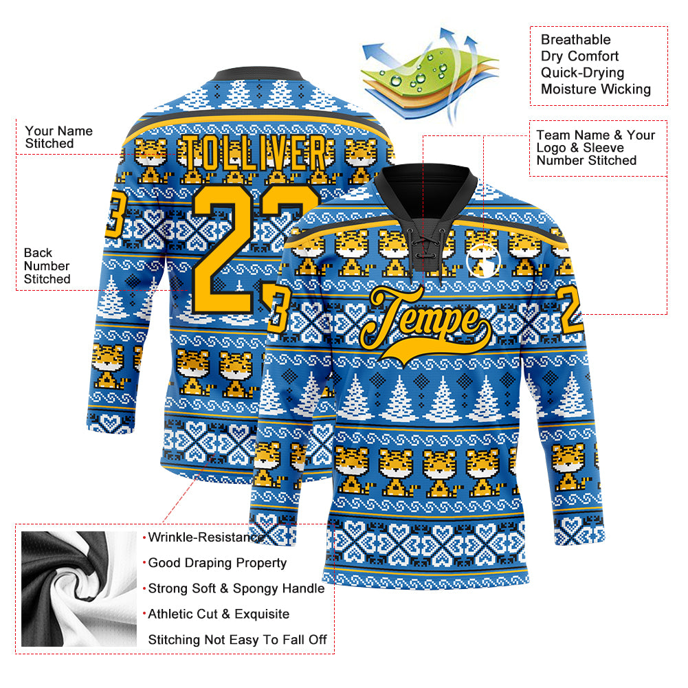 Custom Light Blue Gold-Black Christmas Tree And Tiger 3D Hockey Lace Neck Jersey