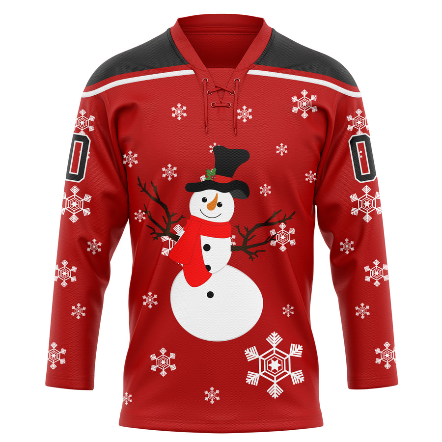 Custom Red Black-White Christmas Snowman 3D Hockey Lace Neck Jersey