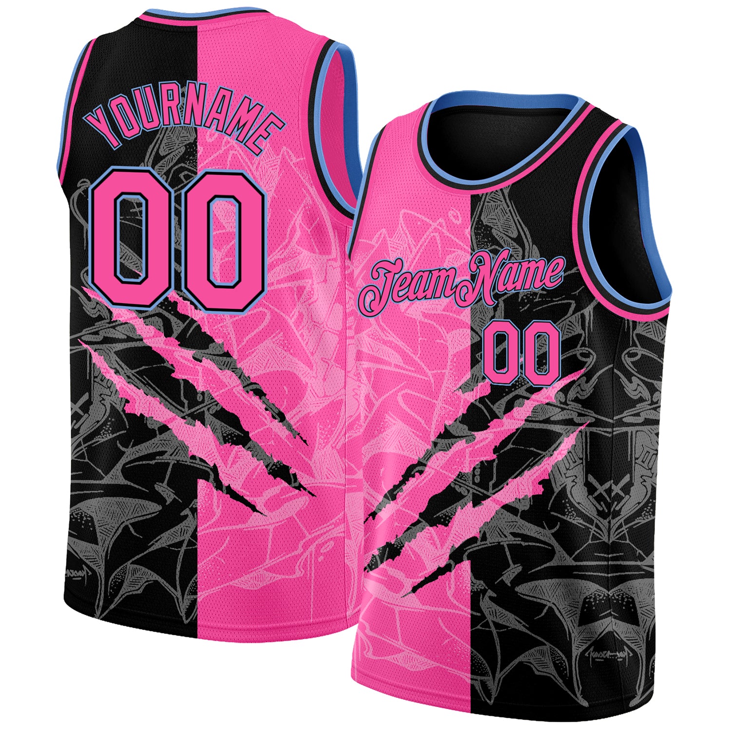 Custom Graffiti Pattern Basketball Jersey Pink Black-Light Blue 3D