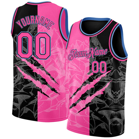 Custom Graffiti Pattern Basketball Jersey Pink Black-Light Blue 3D