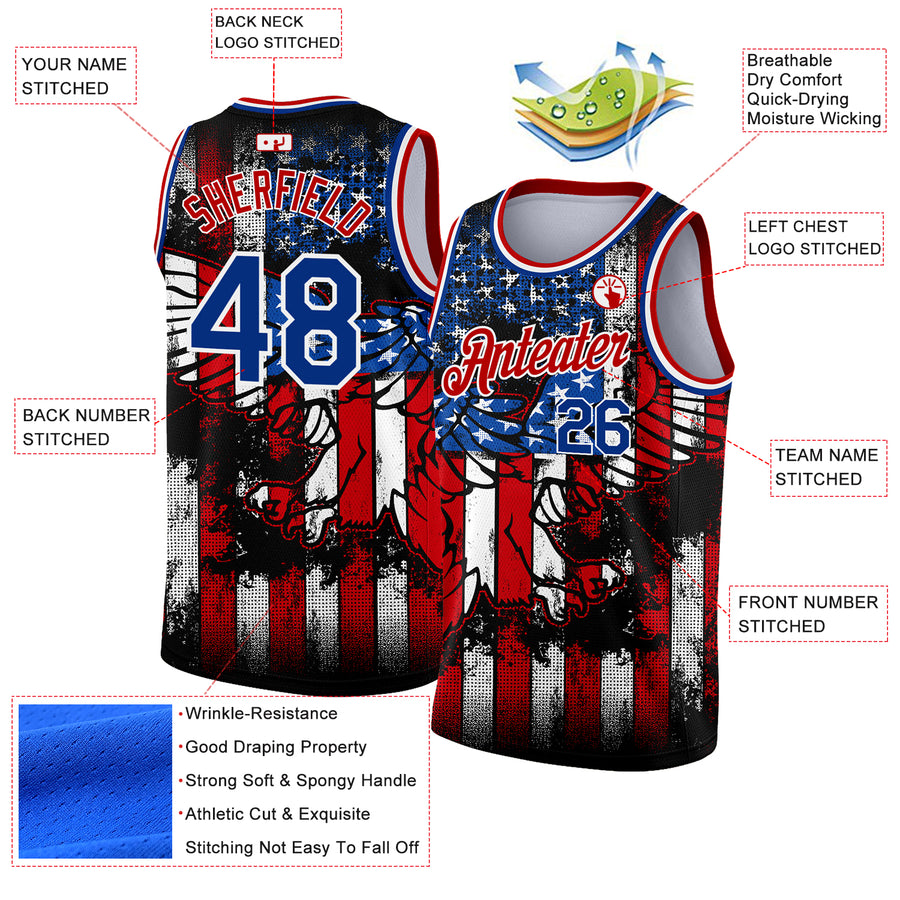 Custom Black Royal-Red 3D Eagle American Flag Authentic Basketball Jersey